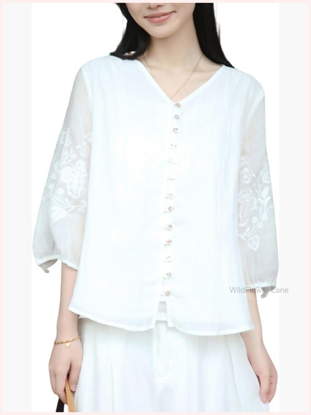3/4 Sleeve V-Neck Ramie Blouse Loose Fit Button Down Top